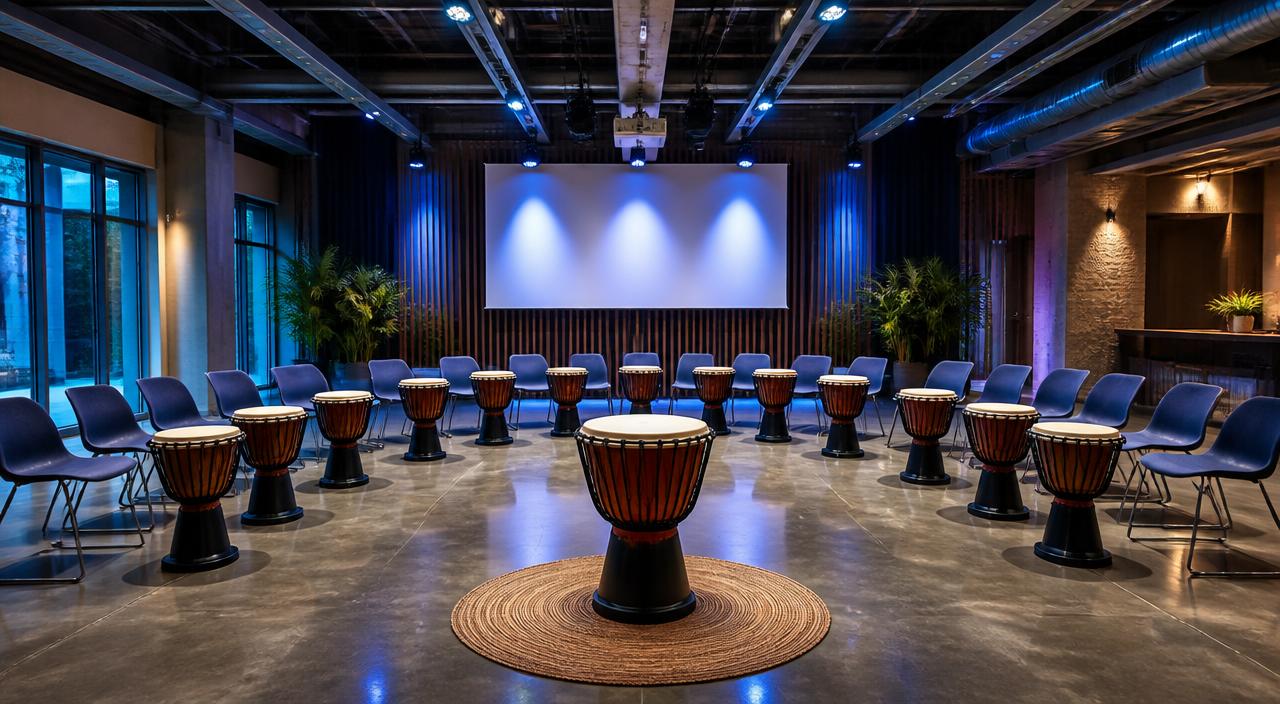 Corporate drum circle setup with djembes facing a stage