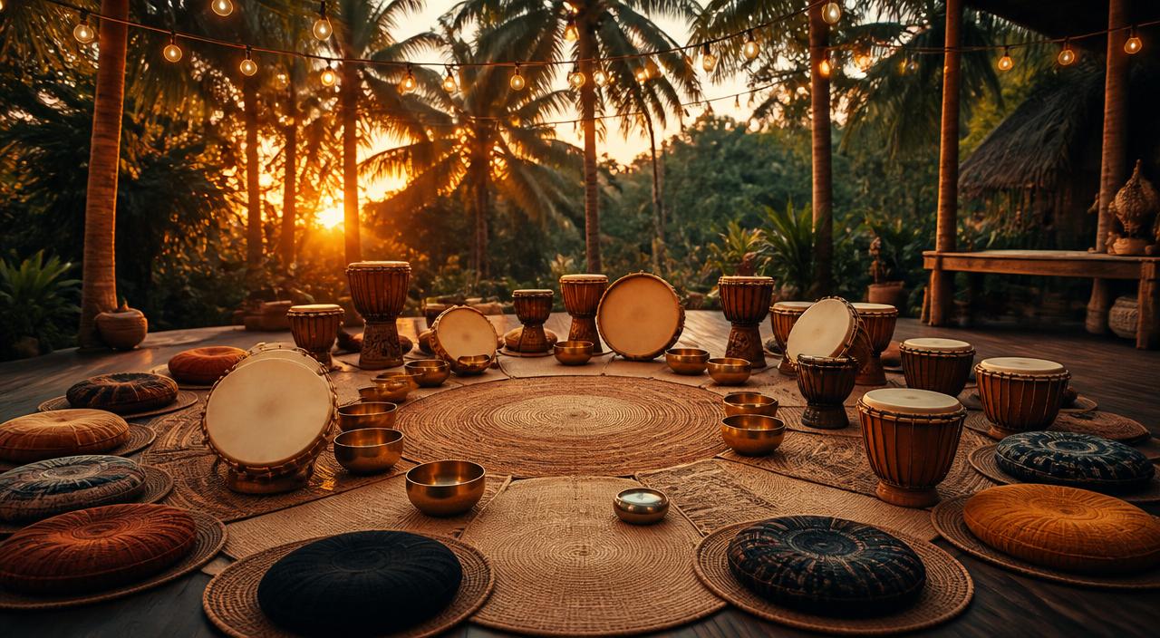 Drum and sound healing retreat at sunset in a tropical setting
