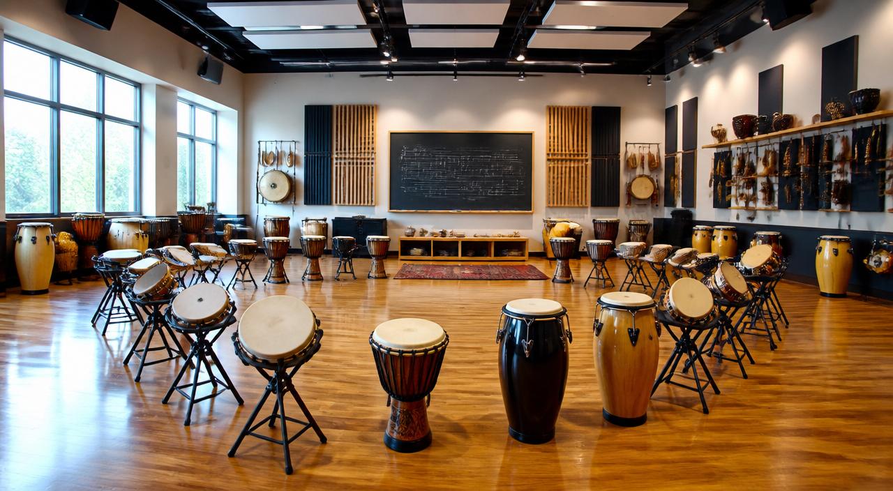 Modern percussion school classroom with djembes and congas