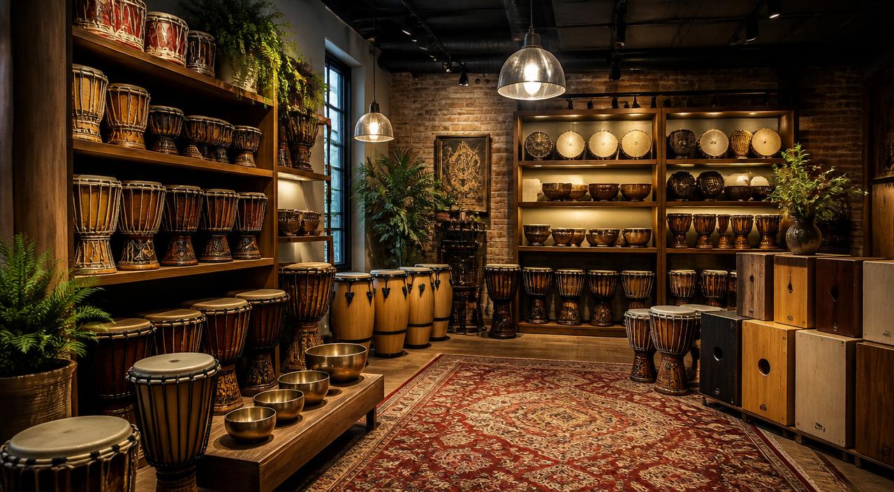Boutique hand drum and percussion shop interior