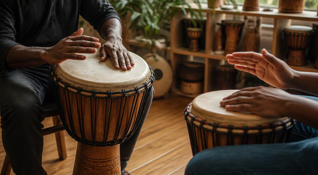 Hands-on djembe lesson in a sunlit studio
